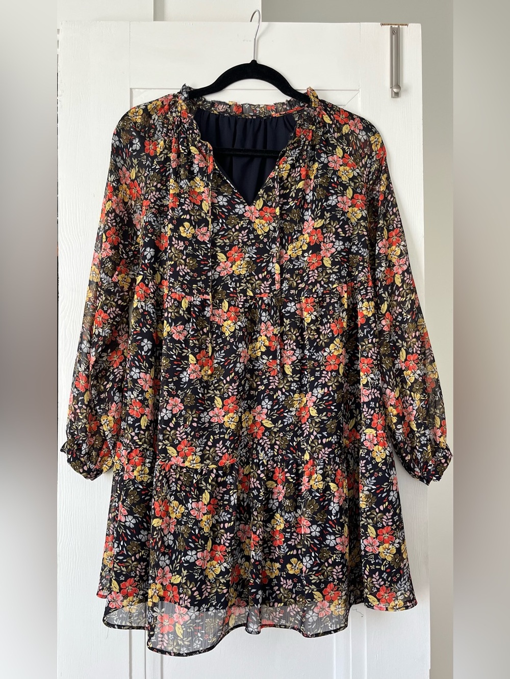 LOFT Black Floral Long Sleeve Tiered Dress
